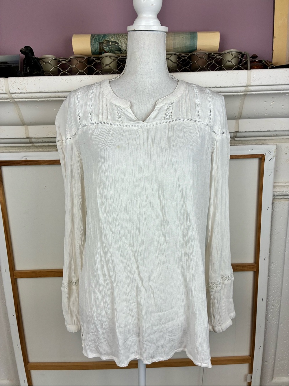 Coldwater Creek Long-Sleeve Peasant Tunic w/lace inset, round collar V neck